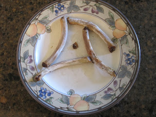 Rib bones arranged on a decorative plate.