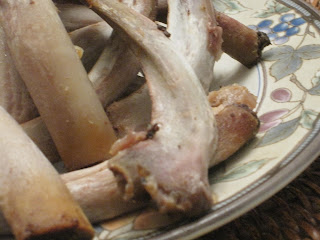 Cooked ribs on a decorative floral plate.