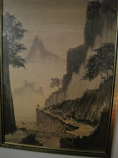 Mountain landscape with mist and trees painting.