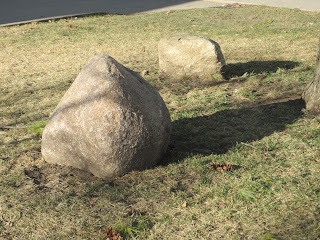 Rocks on grassy area under sunlight.
