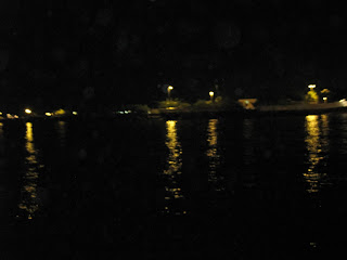 Nighttime waterfront with reflected streetlights.