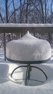 Snow-covered patio table in winter landscape.
